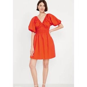 NWT Old Navy Waist-Defined Puff-Sleeve Seersucker Mini Dress Orange Beach Boho